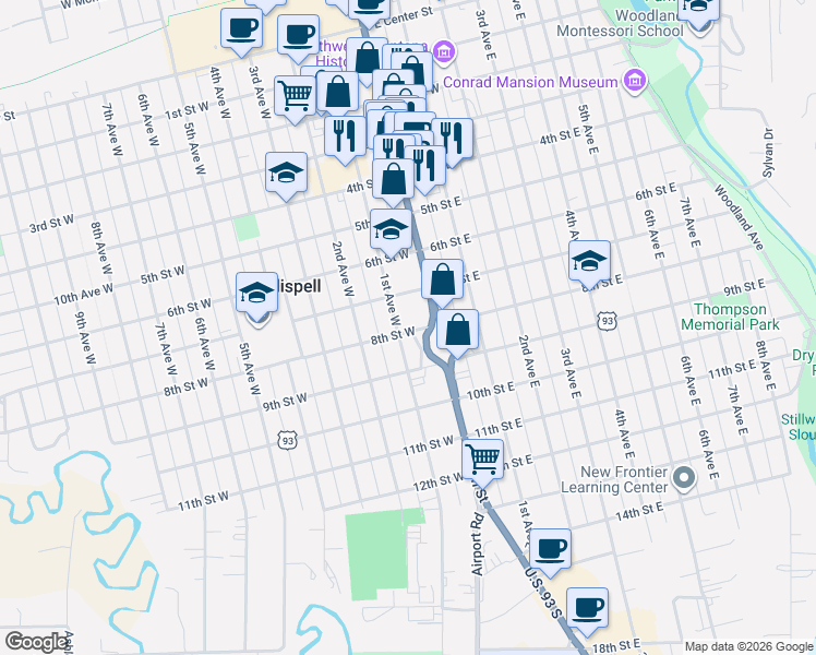 map of restaurants, bars, coffee shops, grocery stores, and more near Cthse Park Loop W in Kalispell