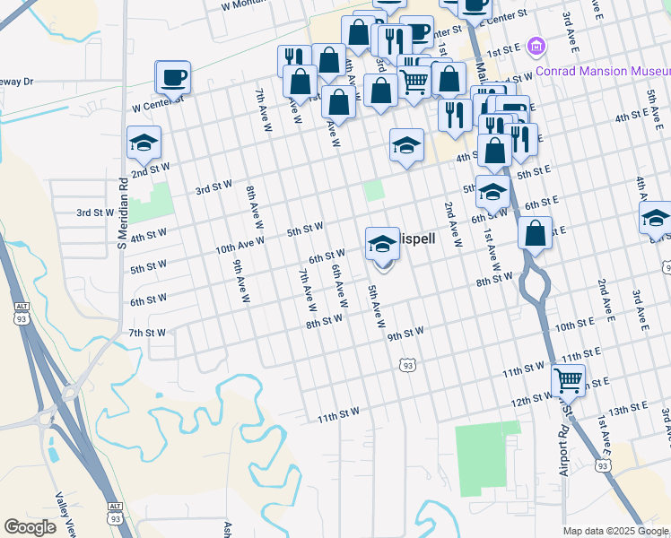 map of restaurants, bars, coffee shops, grocery stores, and more near 645 7th Street West in Kalispell