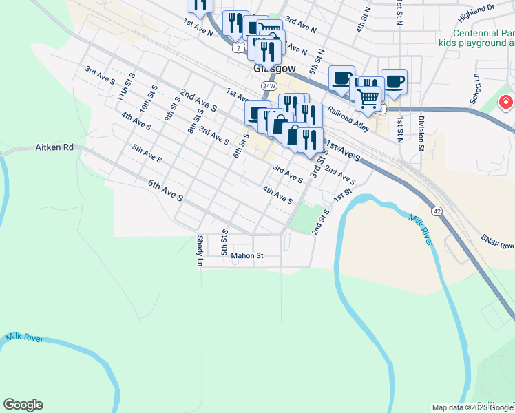 map of restaurants, bars, coffee shops, grocery stores, and more near 532 4th Street South in Glasgow