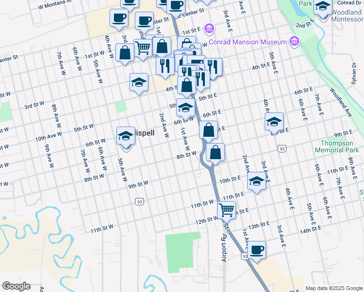 map of restaurants, bars, coffee shops, grocery stores, and more near 805 2nd Avenue West in Kalispell