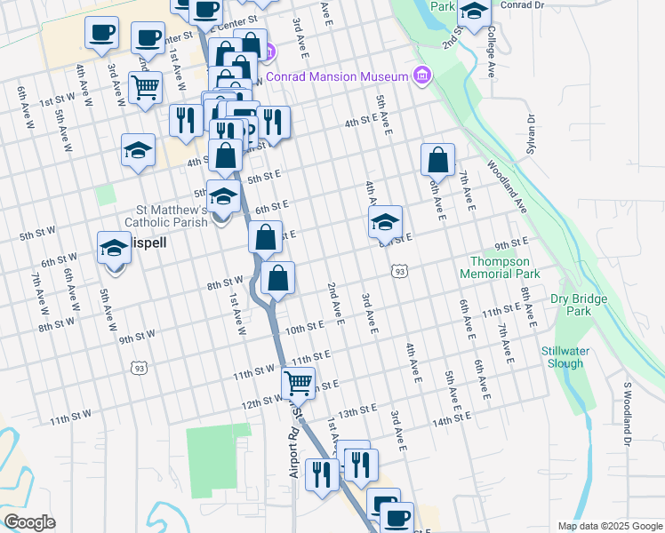 map of restaurants, bars, coffee shops, grocery stores, and more near 902 2nd Avenue East in Kalispell