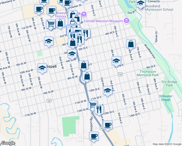 map of restaurants, bars, coffee shops, grocery stores, and more near 1st Avenue East in Kalispell