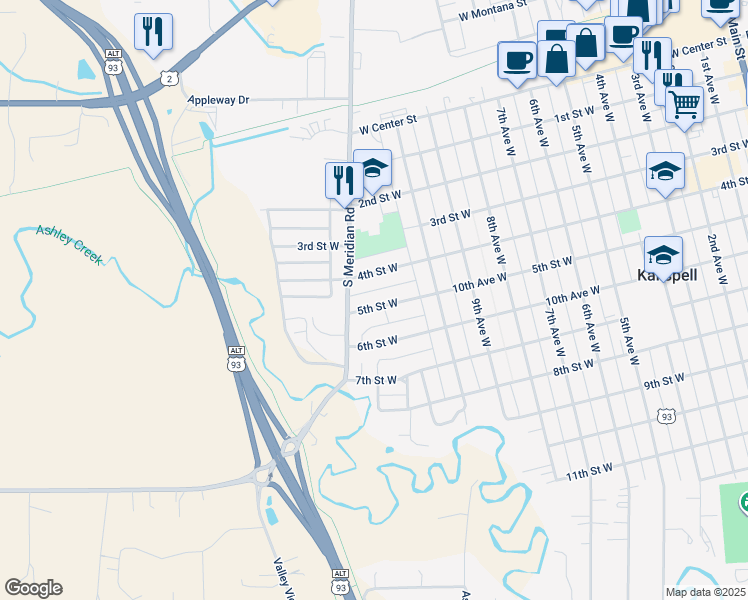 map of restaurants, bars, coffee shops, grocery stores, and more near 1135 4th St W in Kalispell