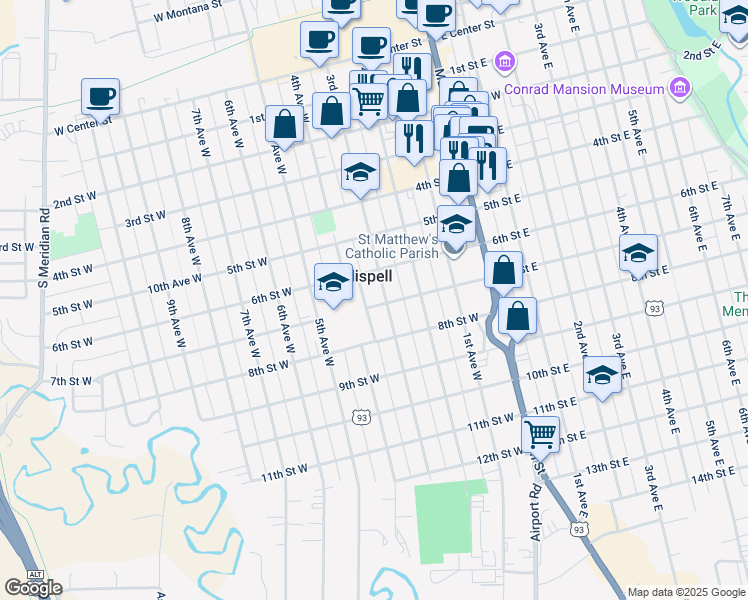 map of restaurants, bars, coffee shops, grocery stores, and more near in Kalispell