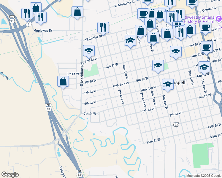 map of restaurants, bars, coffee shops, grocery stores, and more near 424 10th Avenue West in Kalispell