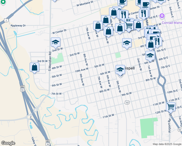 map of restaurants, bars, coffee shops, grocery stores, and more near 504 7th Avenue West in Kalispell