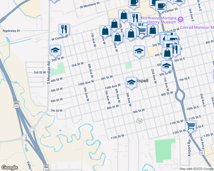 map of restaurants, bars, coffee shops, grocery stores, and more near in Kalispell
