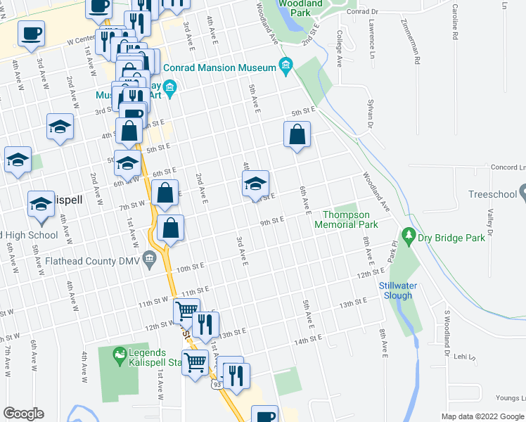 map of restaurants, bars, coffee shops, grocery stores, and more near 827 4th Avenue East in Kalispell