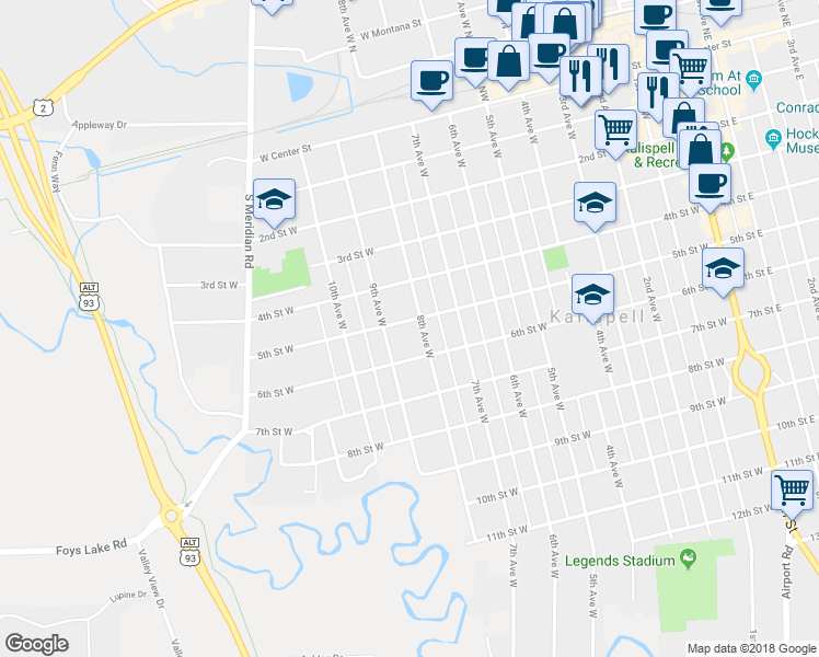 map of restaurants, bars, coffee shops, grocery stores, and more near 514 8th Ave W in Kalispell