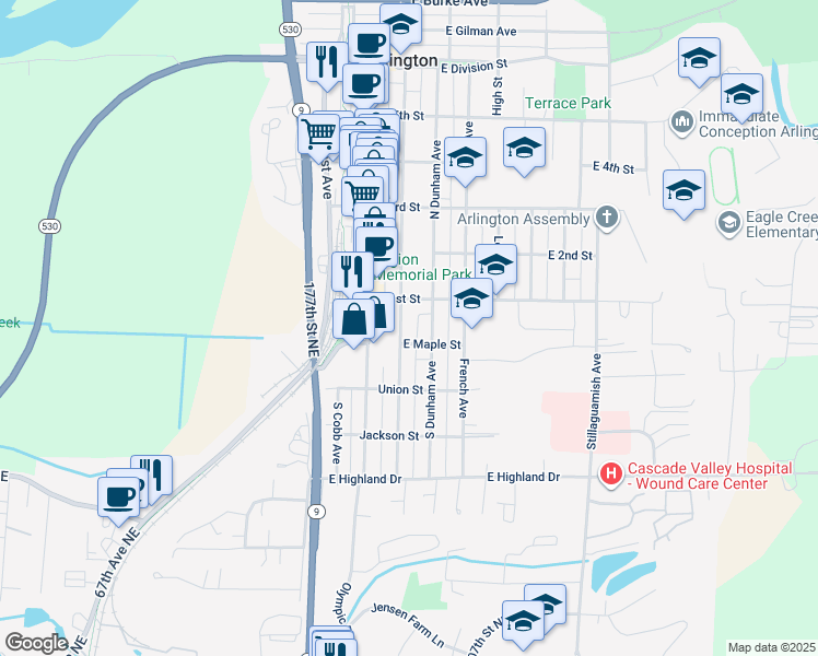 map of restaurants, bars, coffee shops, grocery stores, and more near 121 South Olympic Avenue in Arlington