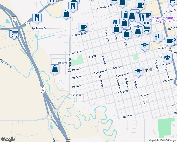 map of restaurants, bars, coffee shops, grocery stores, and more near 424 10th Avenue West in Kalispell