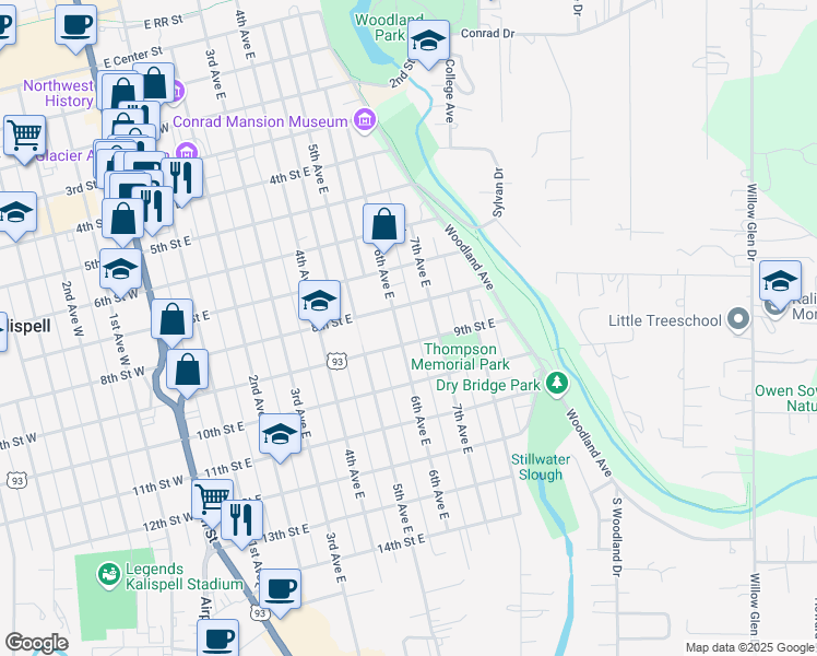 map of restaurants, bars, coffee shops, grocery stores, and more near 825 6th Avenue East in Kalispell