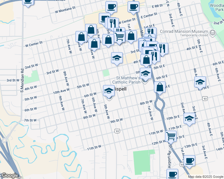 map of restaurants, bars, coffee shops, grocery stores, and more near 4th Avenue West in Kalispell