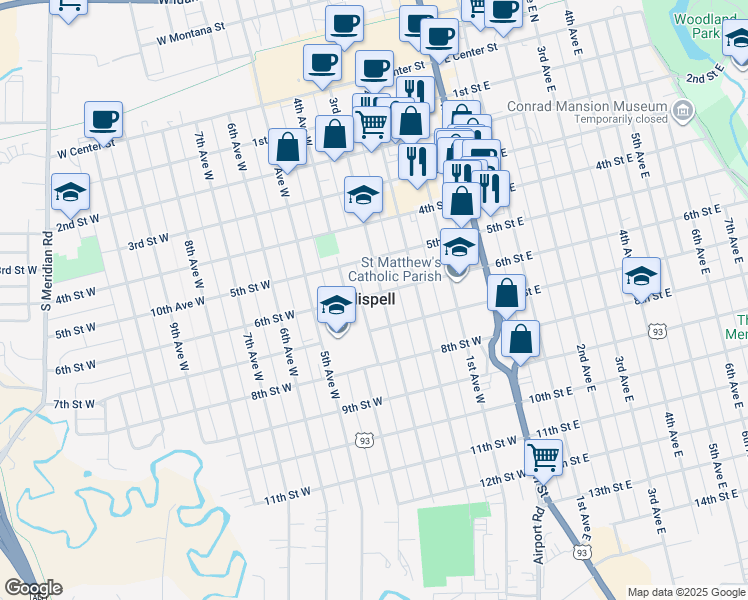 map of restaurants, bars, coffee shops, grocery stores, and more near 608 3rd Avenue West in Kalispell