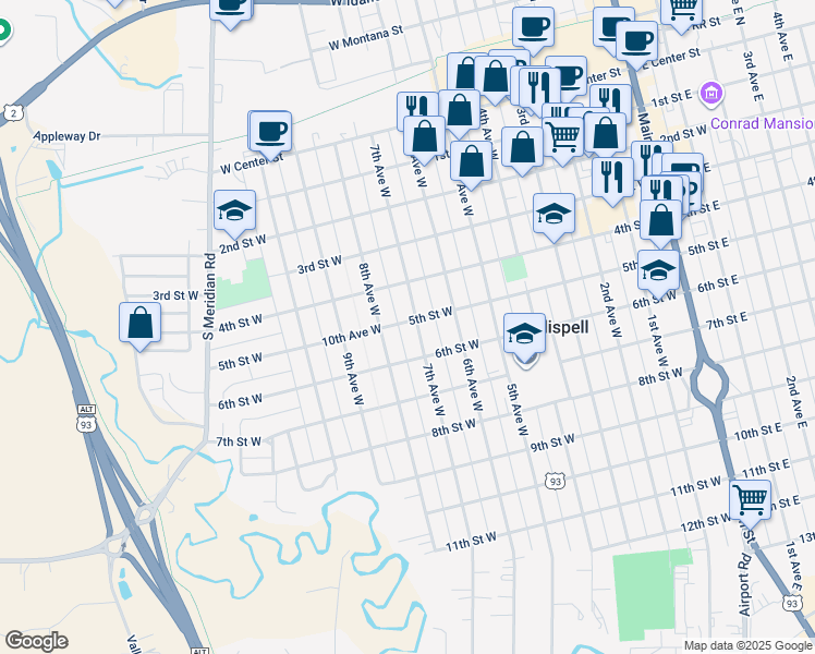 map of restaurants, bars, coffee shops, grocery stores, and more near 504 7th Avenue West in Kalispell