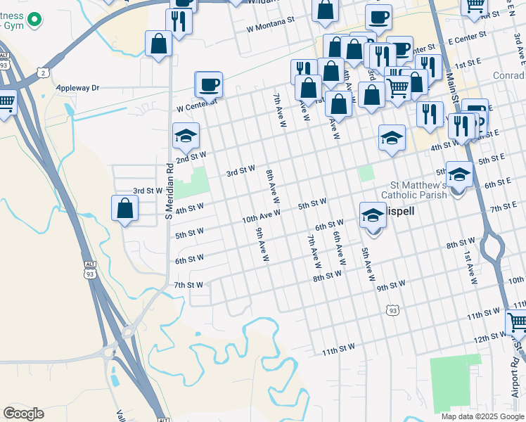 map of restaurants, bars, coffee shops, grocery stores, and more near 428 9th Avenue West in Kalispell