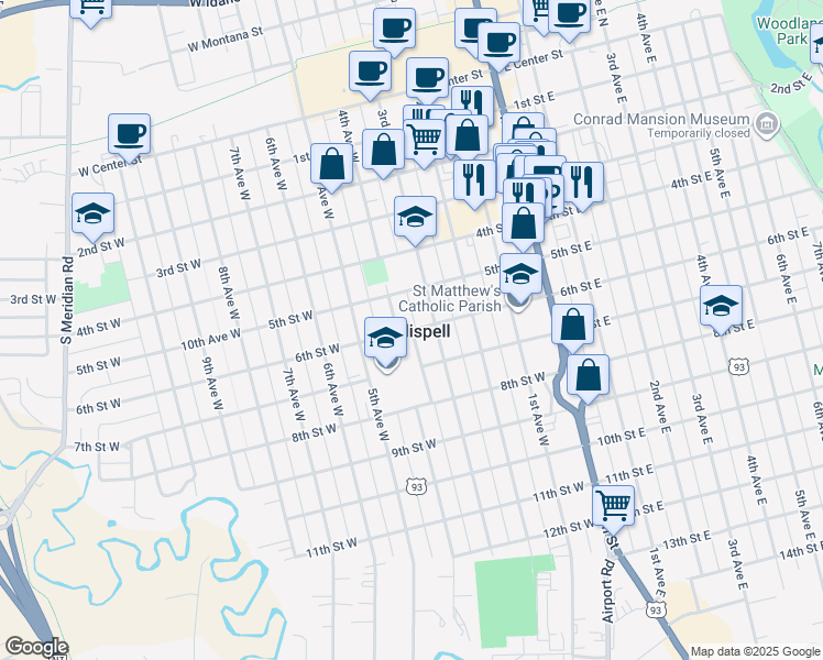 map of restaurants, bars, coffee shops, grocery stores, and more near 4th Avenue West in Kalispell
