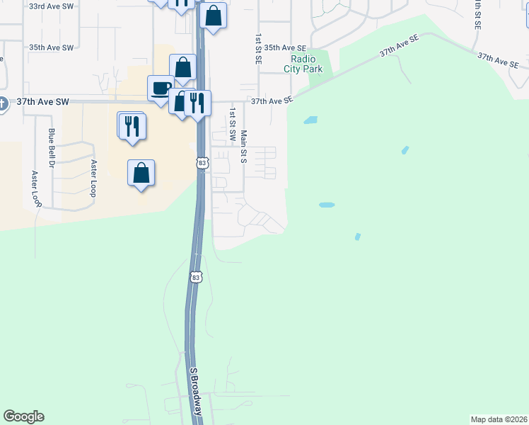 map of restaurants, bars, coffee shops, grocery stores, and more near 41st Avenue Southeast in Minot