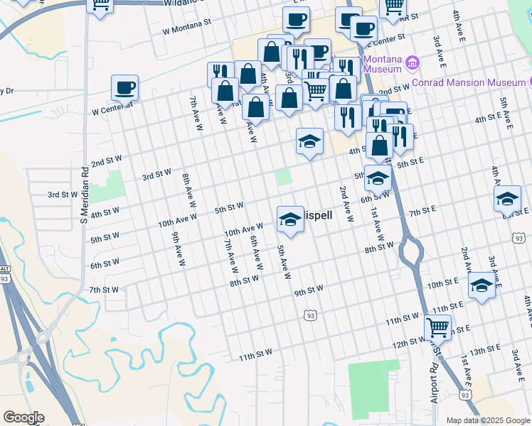 map of restaurants, bars, coffee shops, grocery stores, and more near 526 5th Avenue West in Kalispell