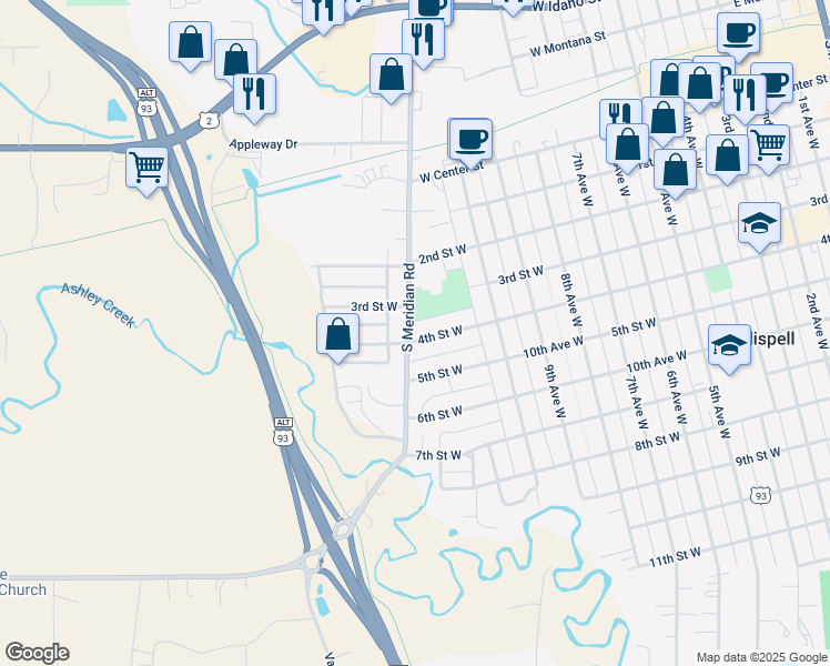 map of restaurants, bars, coffee shops, grocery stores, and more near 1135 4th Street West in Kalispell