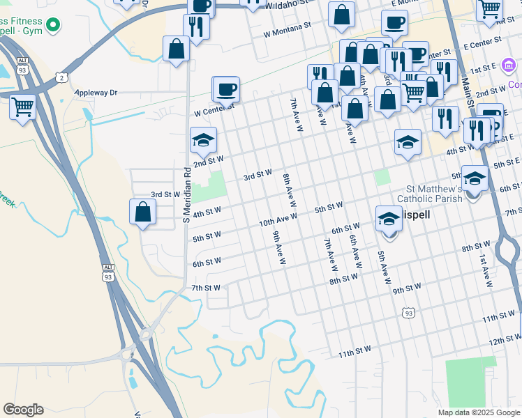 map of restaurants, bars, coffee shops, grocery stores, and more near 428 9th Avenue West in Kalispell