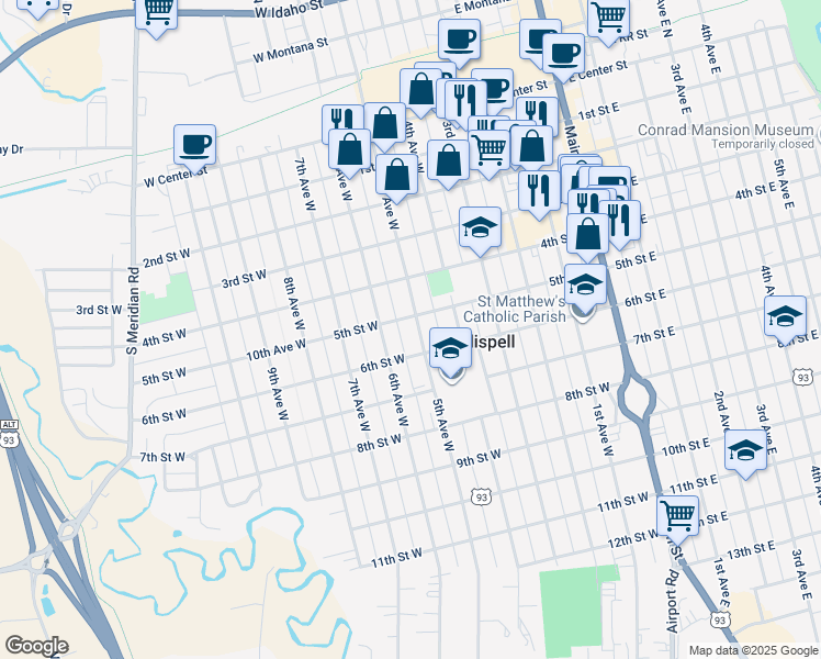 map of restaurants, bars, coffee shops, grocery stores, and more near 526 5th Avenue West in Kalispell