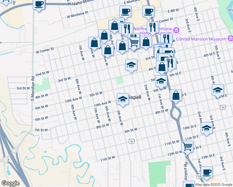map of restaurants, bars, coffee shops, grocery stores, and more near 526 5th Avenue West in Kalispell