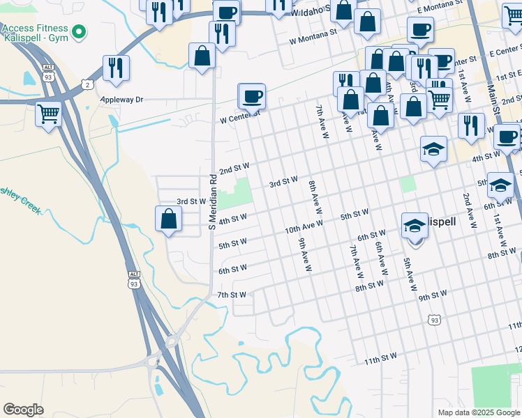 map of restaurants, bars, coffee shops, grocery stores, and more near 424 10th Avenue West in Kalispell