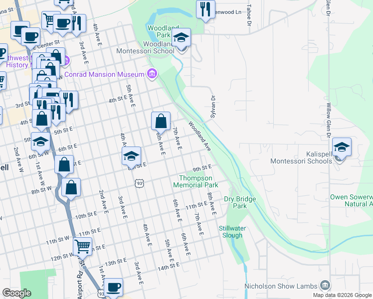 map of restaurants, bars, coffee shops, grocery stores, and more near 718 7th Street East in Kalispell