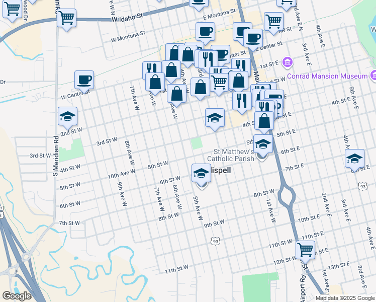 map of restaurants, bars, coffee shops, grocery stores, and more near 411 5th Avenue West in Kalispell