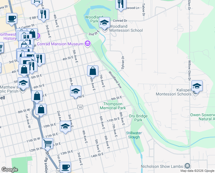 map of restaurants, bars, coffee shops, grocery stores, and more near 718 7th Street East in Kalispell