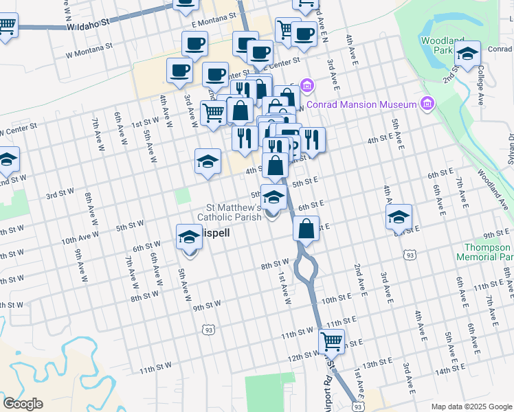 map of restaurants, bars, coffee shops, grocery stores, and more near 509 1st Avenue West in Kalispell