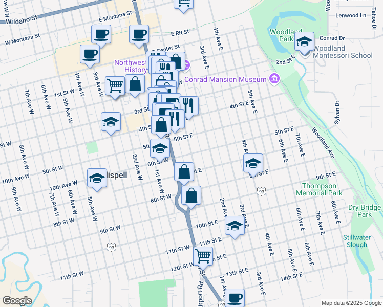 map of restaurants, bars, coffee shops, grocery stores, and more near 1st Avenue East in Kalispell