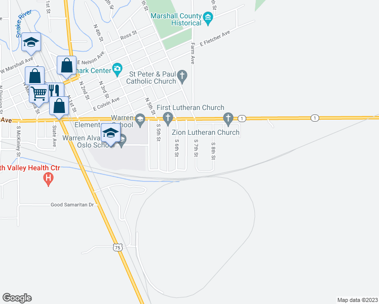 map of restaurants, bars, coffee shops, grocery stores, and more near 143 South 7th Street in Warren