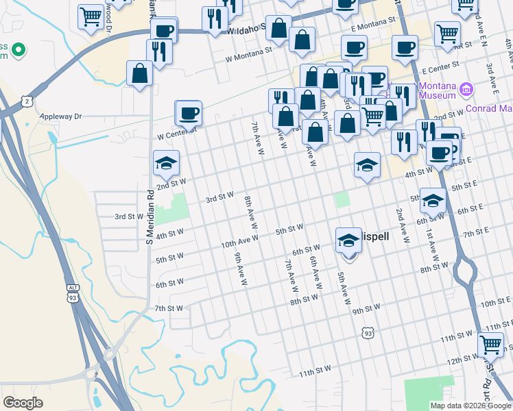 map of restaurants, bars, coffee shops, grocery stores, and more near 317 8th Avenue West in Kalispell