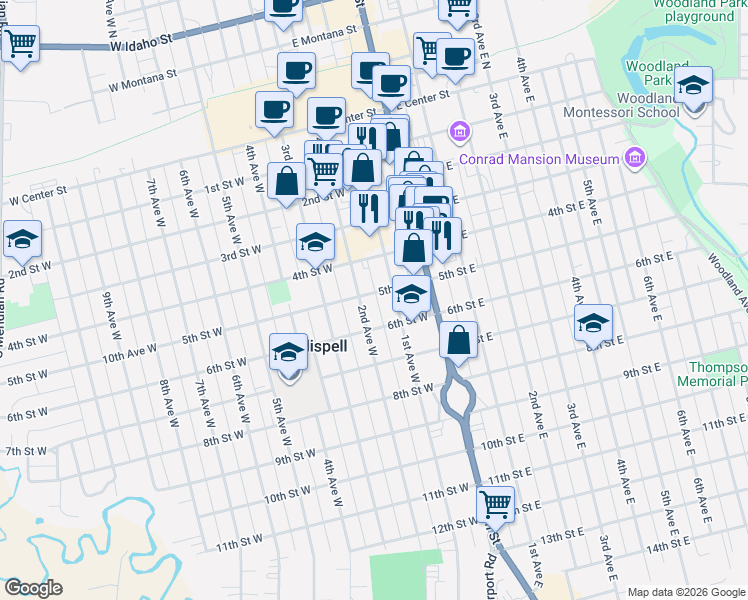 map of restaurants, bars, coffee shops, grocery stores, and more near 509 2nd Avenue West in Kalispell