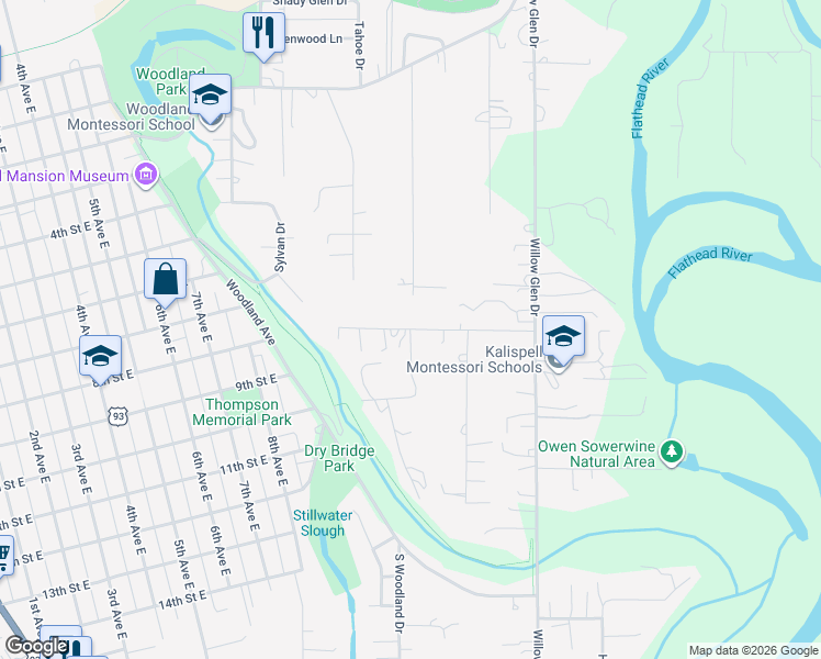map of restaurants, bars, coffee shops, grocery stores, and more near 611 Concord Lane in Kalispell