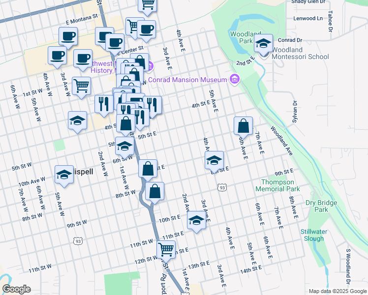 map of restaurants, bars, coffee shops, grocery stores, and more near 230 6th St E in Kalispell