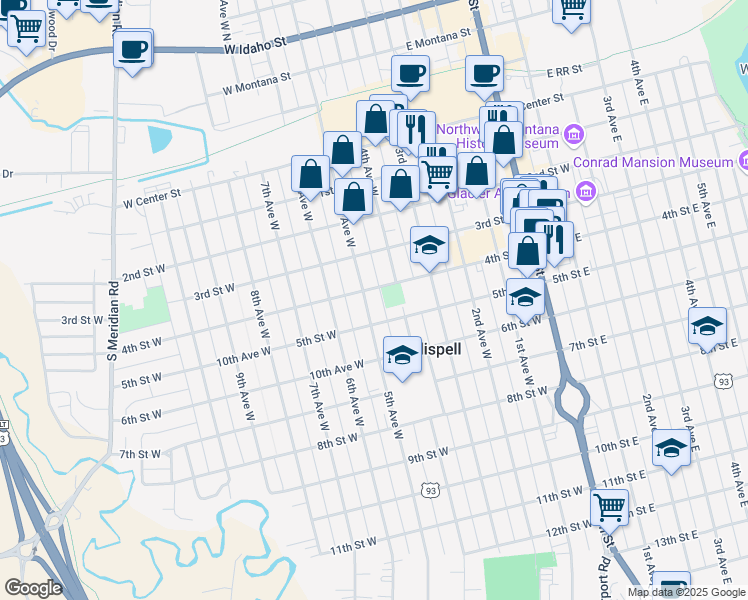 map of restaurants, bars, coffee shops, grocery stores, and more near 411 5th Avenue West in Kalispell