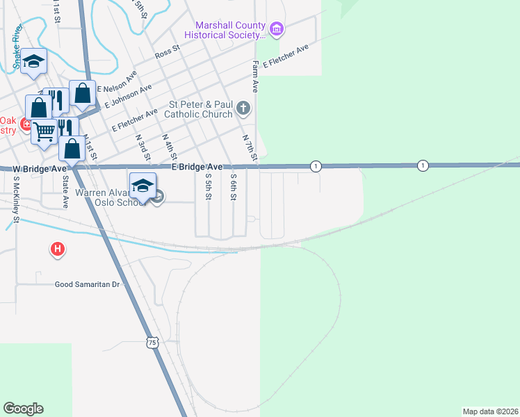 map of restaurants, bars, coffee shops, grocery stores, and more near 143 South 7th Street in Warren