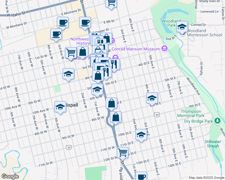 map of restaurants, bars, coffee shops, grocery stores, and more near 528 1st Avenue East in Kalispell