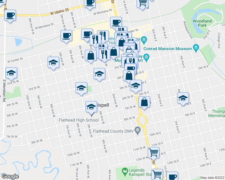 map of restaurants, bars, coffee shops, grocery stores, and more near 499 2nd Avenue West in Kalispell
