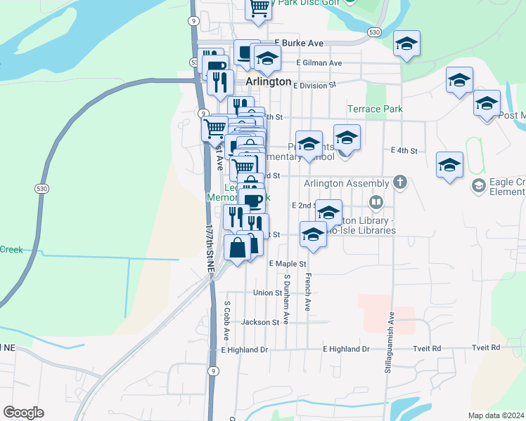 map of restaurants, bars, coffee shops, grocery stores, and more near 220 East 2nd Street in Arlington