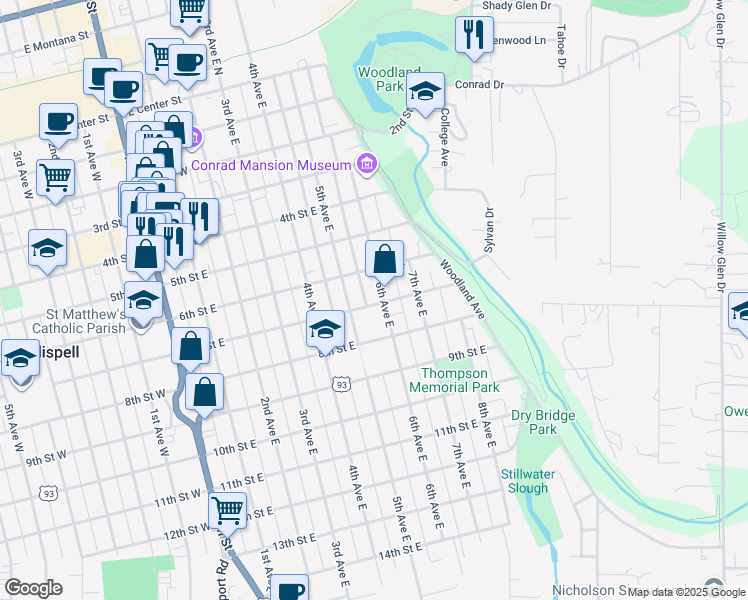 map of restaurants, bars, coffee shops, grocery stores, and more near 646 6th Ave E in Kalispell