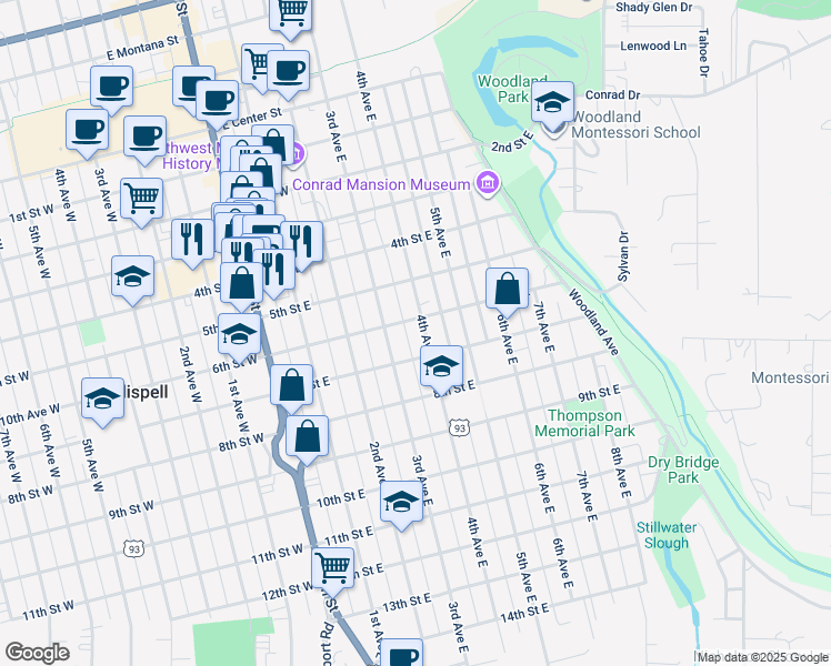 map of restaurants, bars, coffee shops, grocery stores, and more near 612 4th Avenue East in Kalispell