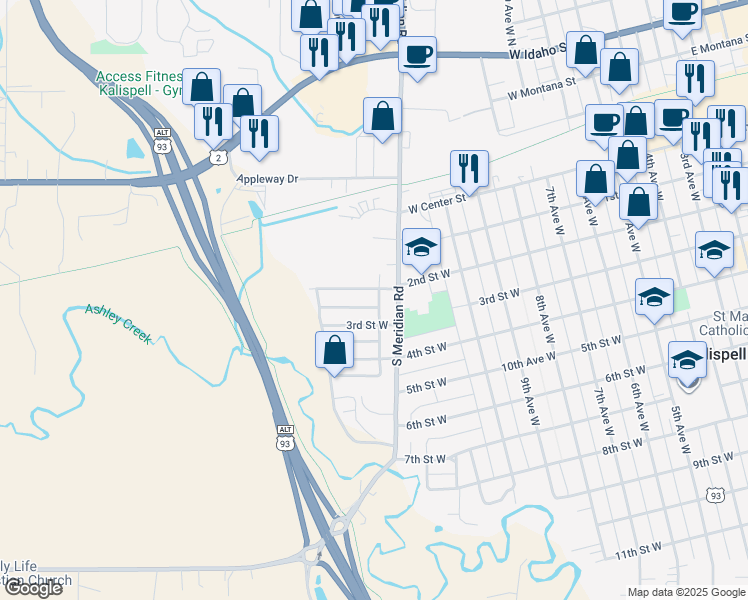 map of restaurants, bars, coffee shops, grocery stores, and more near 1224 2nd Street West in Kalispell