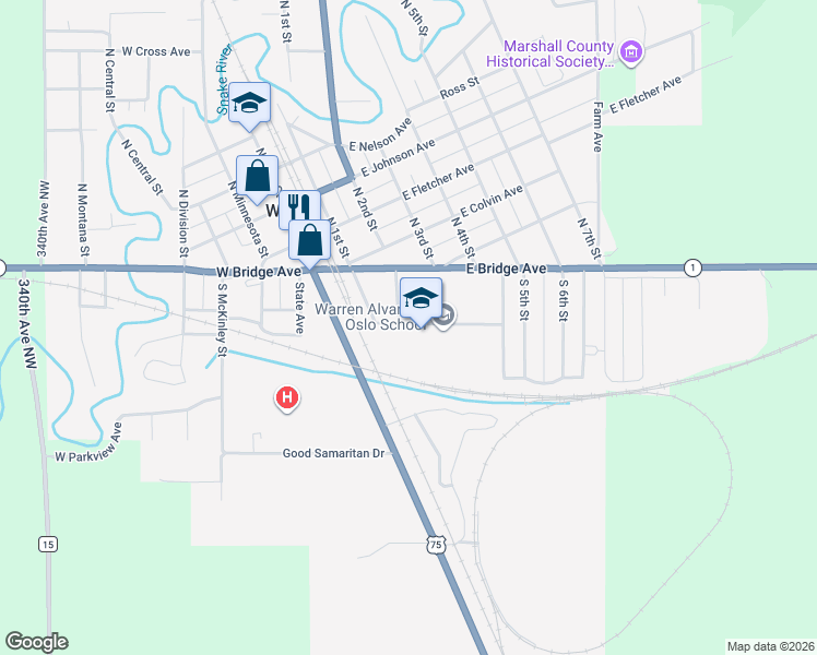 map of restaurants, bars, coffee shops, grocery stores, and more near 224 East Bridge Avenue in Warren