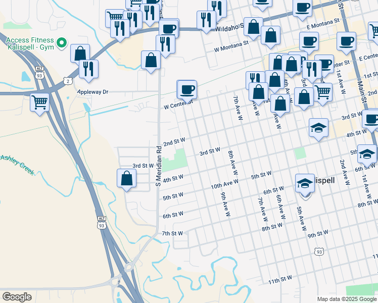 map of restaurants, bars, coffee shops, grocery stores, and more near 242 10th Avenue West in Kalispell