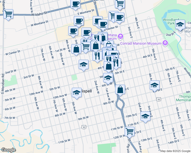 map of restaurants, bars, coffee shops, grocery stores, and more near 145 5th Street West in Kalispell