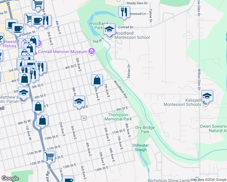 map of restaurants, bars, coffee shops, grocery stores, and more near 718 7th St E in Kalispell